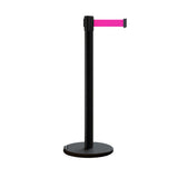 Retractable Belt Barrier Stanchion, Rolling Base, Black Steel Post, 7.5 ft Belt - Montour Line ME630 - Crowd Control Warehouse