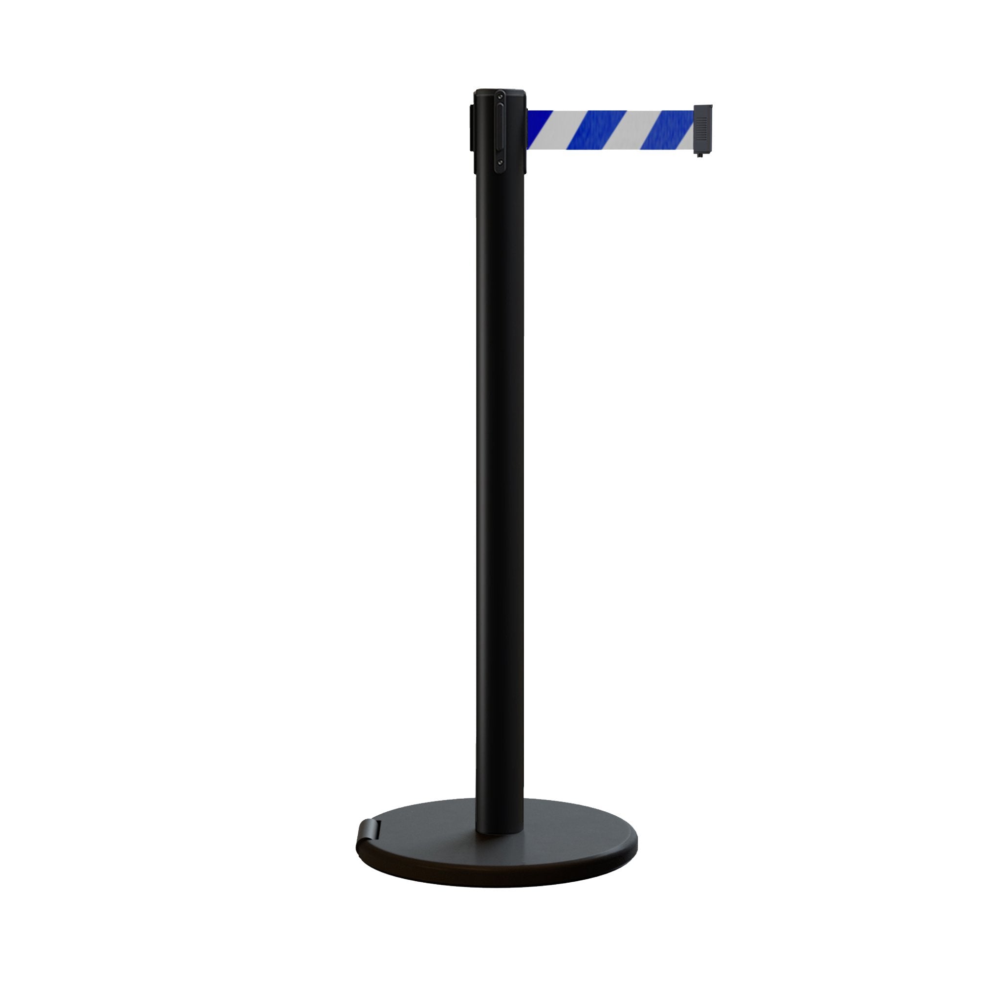 Retractable Belt Barrier Stanchion, Rolling Base, Black Steel Post, 9 ft Belt - Montour Line ME630 - Crowd Control Warehouse