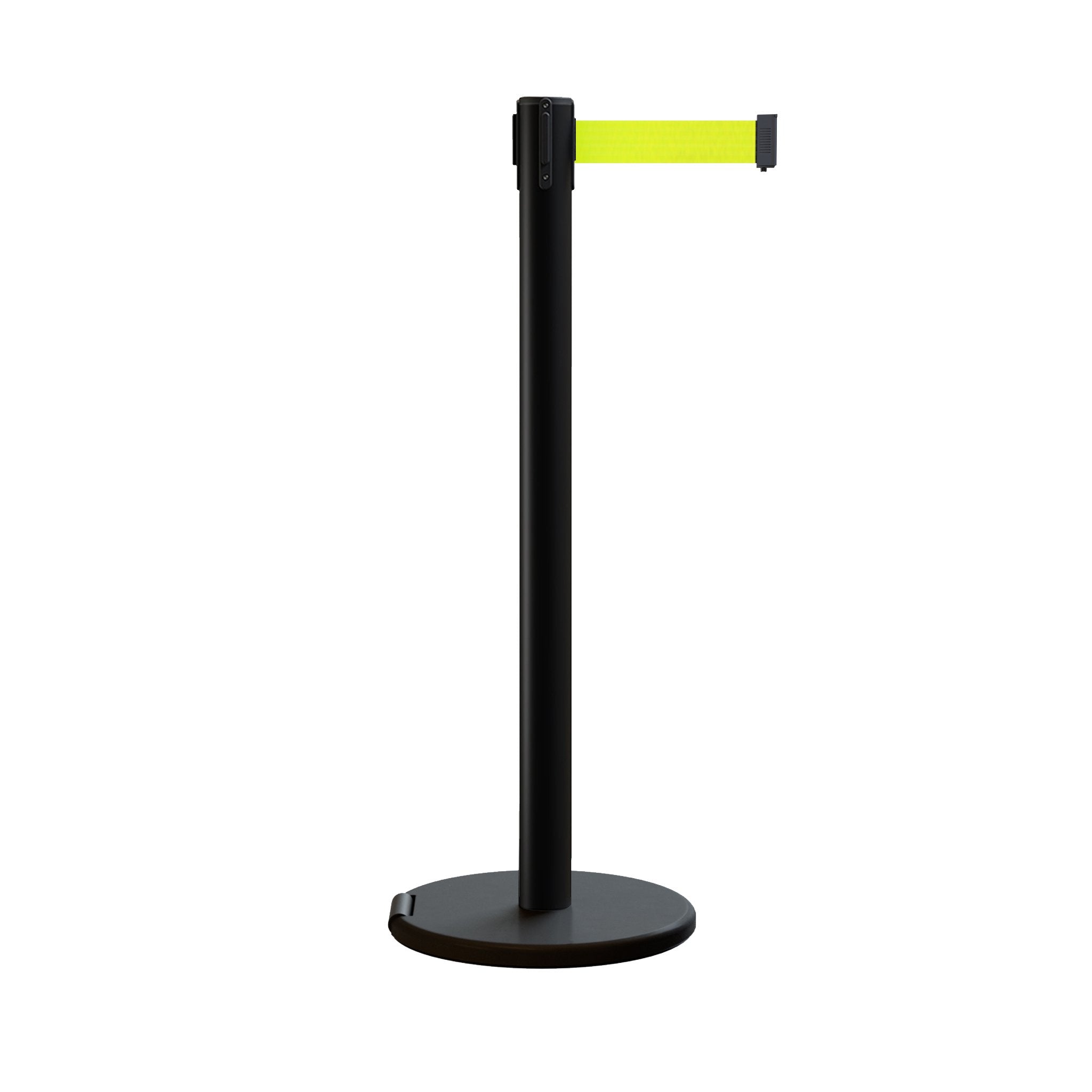 Retractable Belt Barrier Stanchion, Rolling Base, Black Steel Post, 9 ft Belt - Montour Line ME630 - Crowd Control Warehouse
