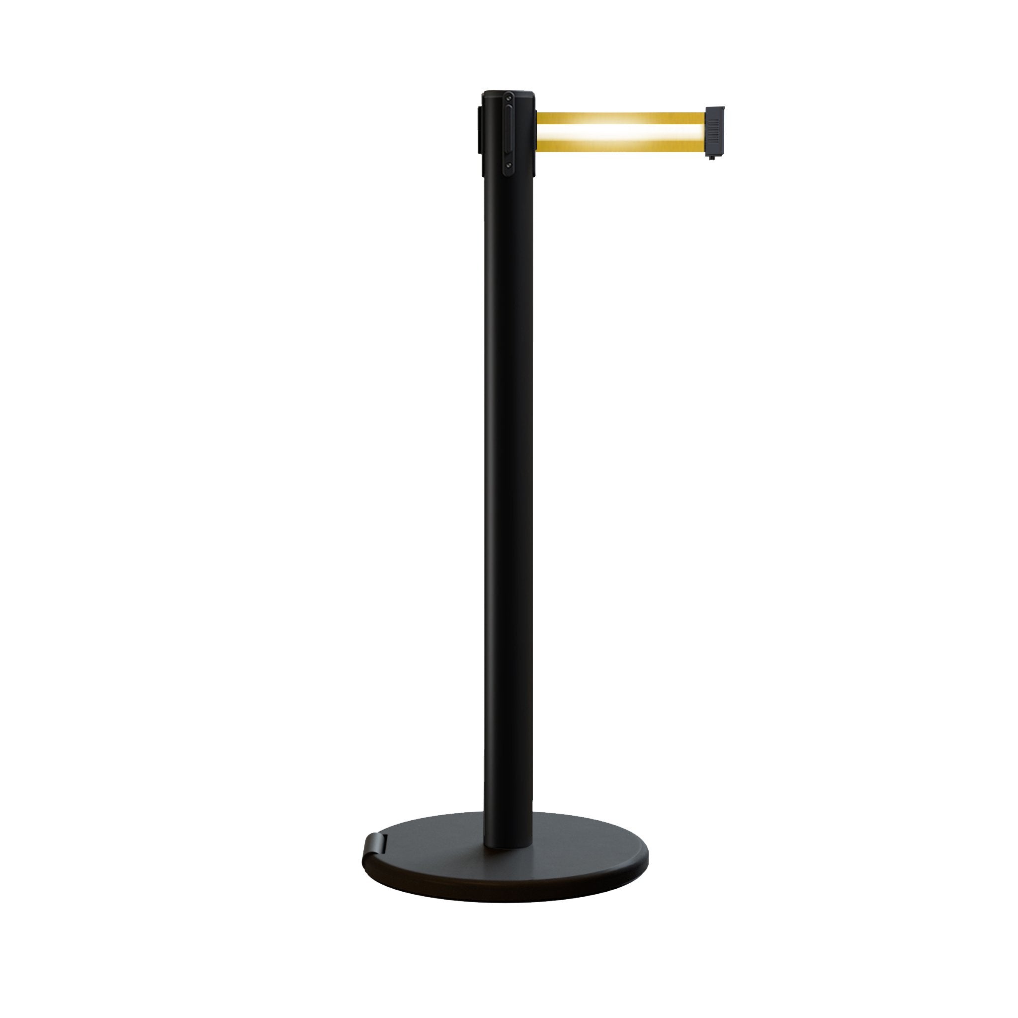 Retractable Belt Barrier Stanchion, Rolling Base, Black Steel Post, 9 ft Belt - Montour Line ME630 - Crowd Control Warehouse