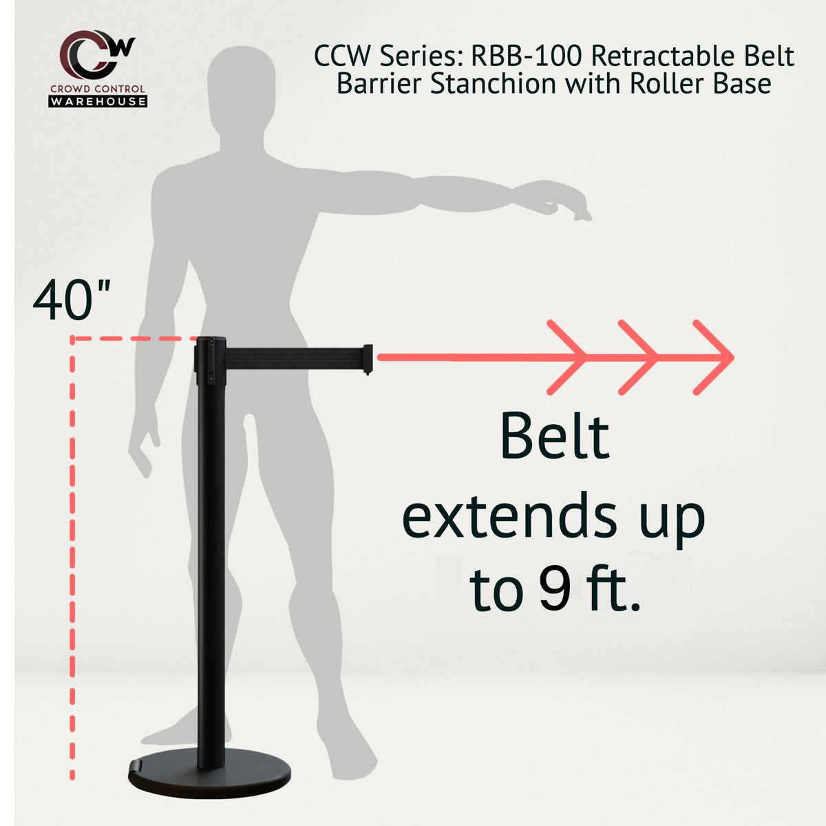 Retractable Belt Barrier Stanchion, Rolling Base, Black Steel Post, 9 ft Belt - Montour Line ME630 - Crowd Control Warehouse