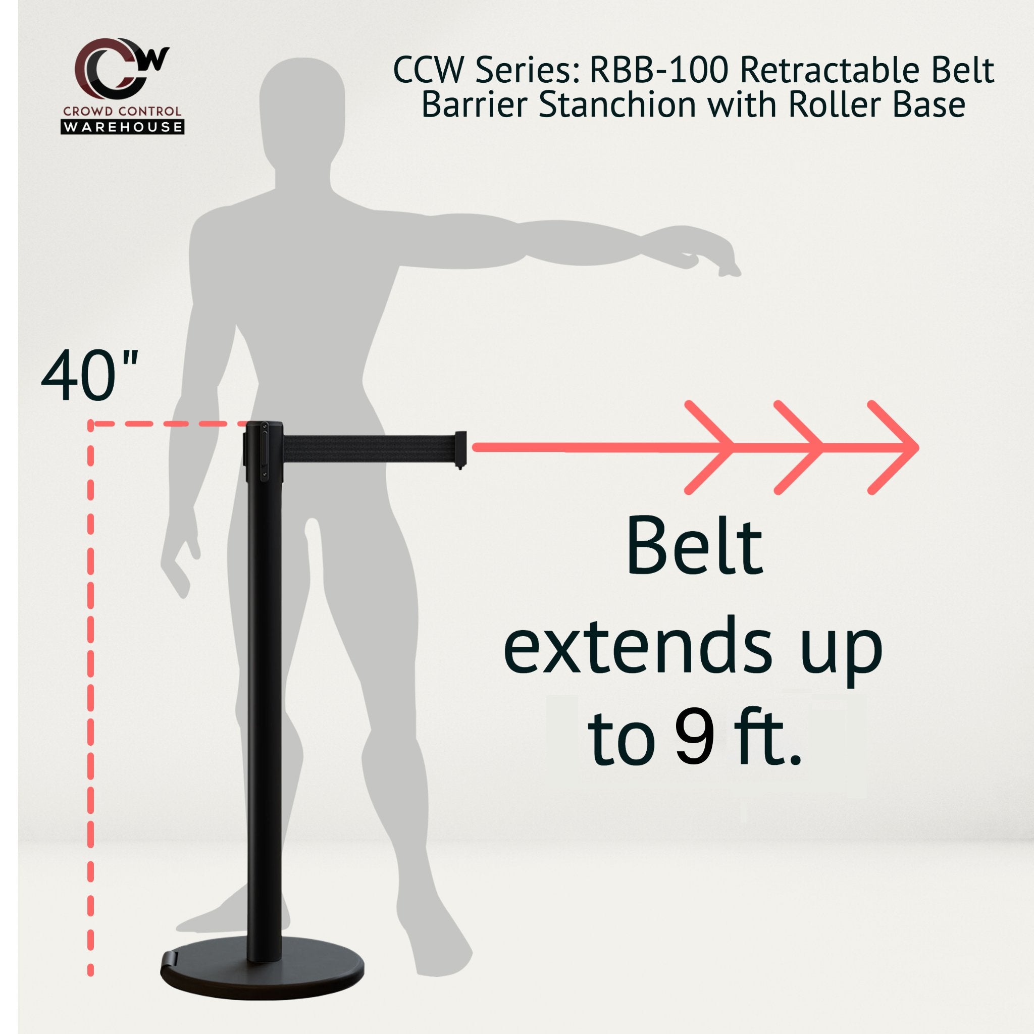 Retractable Belt Barrier Stanchion, Rolling Base, Black Steel Post, 9 ft Belt - Montour Line ME630 - Crowd Control Warehouse