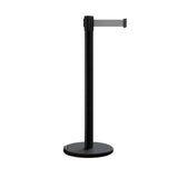 Retractable Belt Barrier Stanchion, Rolling Base, Black Steel Post, 9 ft Belt - Montour Line ME630 - Crowd Control Warehouse