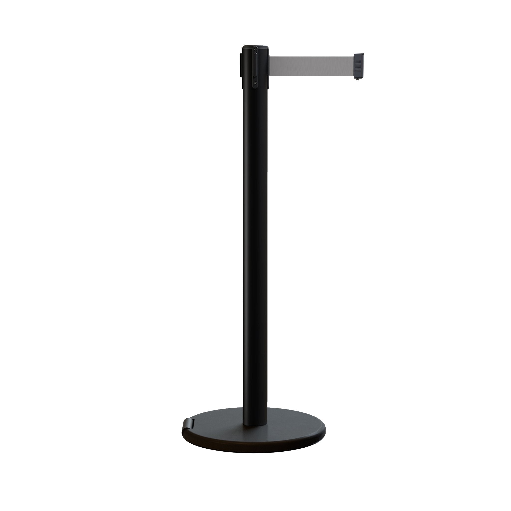 Retractable Belt Barrier Stanchion, Rolling Base, Black Steel Post, 9 ft Belt - Montour Line ME630 - Crowd Control Warehouse