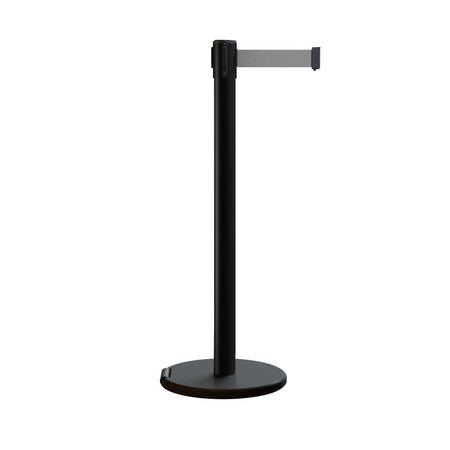 Retractable Belt Barrier Stanchion, Rolling Base, Black Steel Post, 9 ft Belt - Montour Line ME630 - Crowd Control Warehouse
