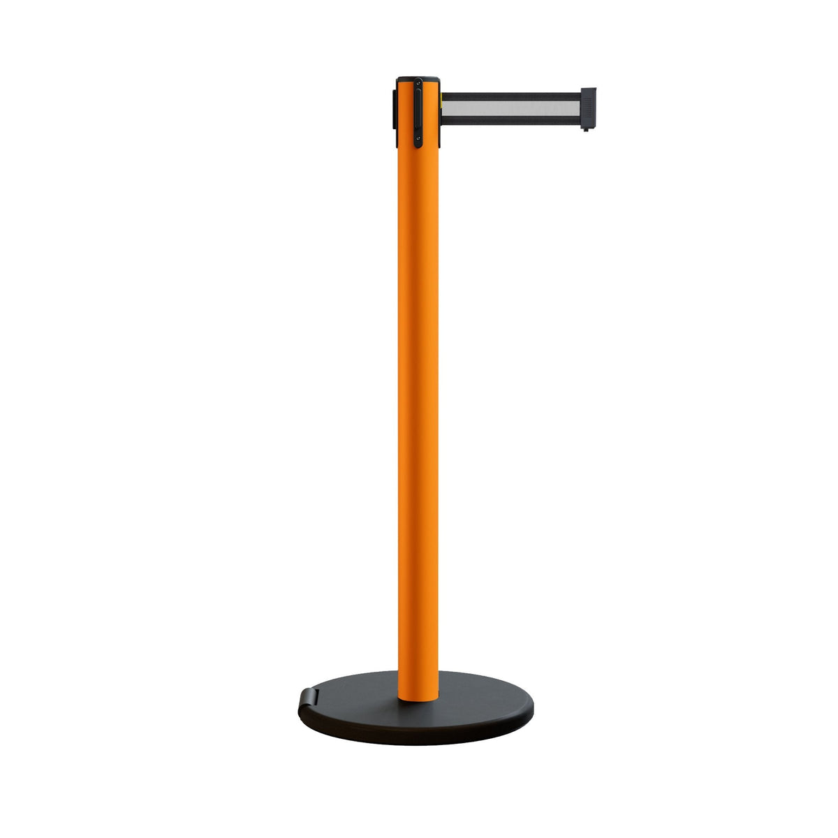 Retractable Belt Barrier Stanchion, Rolling Base, Orange Steel Post, 11 ft Belt - Montour Line MSE630 - Crowd Control Warehouse