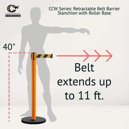 Retractable Belt Barrier Stanchion, Rolling Base, Orange Steel Post, 11 ft Belt - Montour Line MSE630 - Crowd Control Warehouse