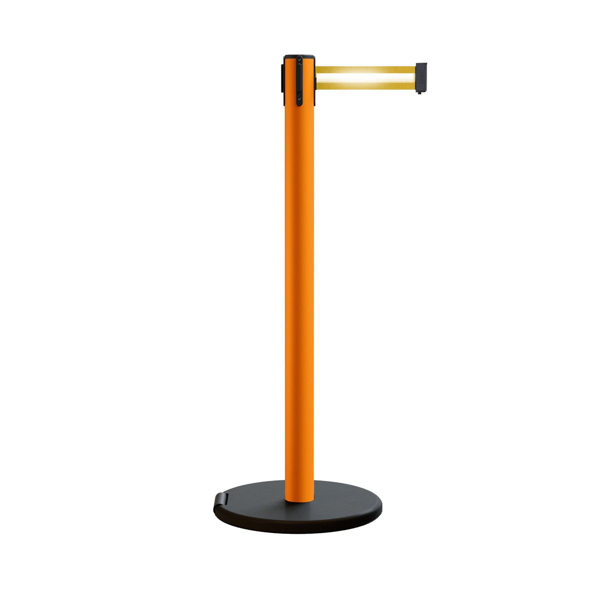 Retractable Belt Barrier Stanchion, Rolling Base, Orange Steel Post, 11 ft Belt - Montour Line MSE630 - Crowd Control Warehouse