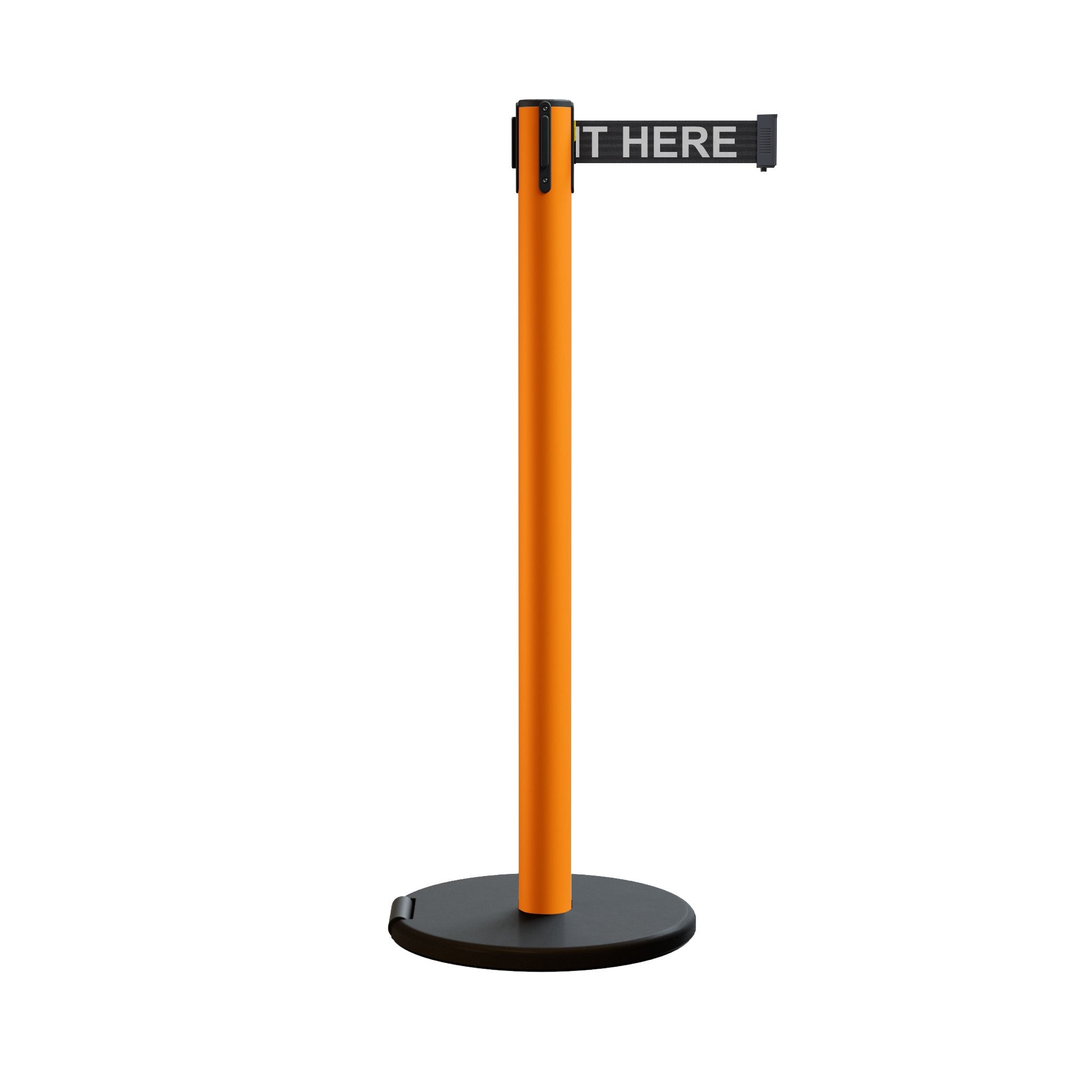 Retractable Belt Barrier Stanchion, Rolling Base, Orange Steel Post, 11 ft Belt - Montour Line MSE630 - Crowd Control Warehouse