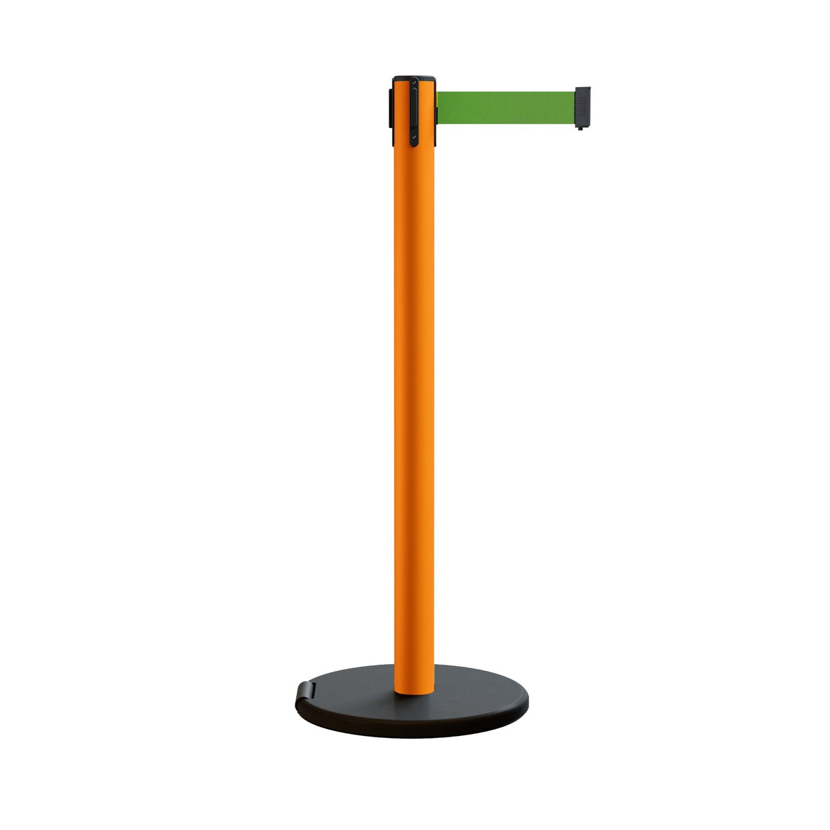 Retractable Belt Barrier Stanchion, Rolling Base, Orange Steel Post, 13 ft Belt - Montour Line MSE630 - Crowd Control Warehouse