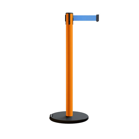 Retractable Belt Barrier Stanchion, Rolling Base, Orange Steel Post, 13 ft Belt - Montour Line MSE630 - Crowd Control Warehouse