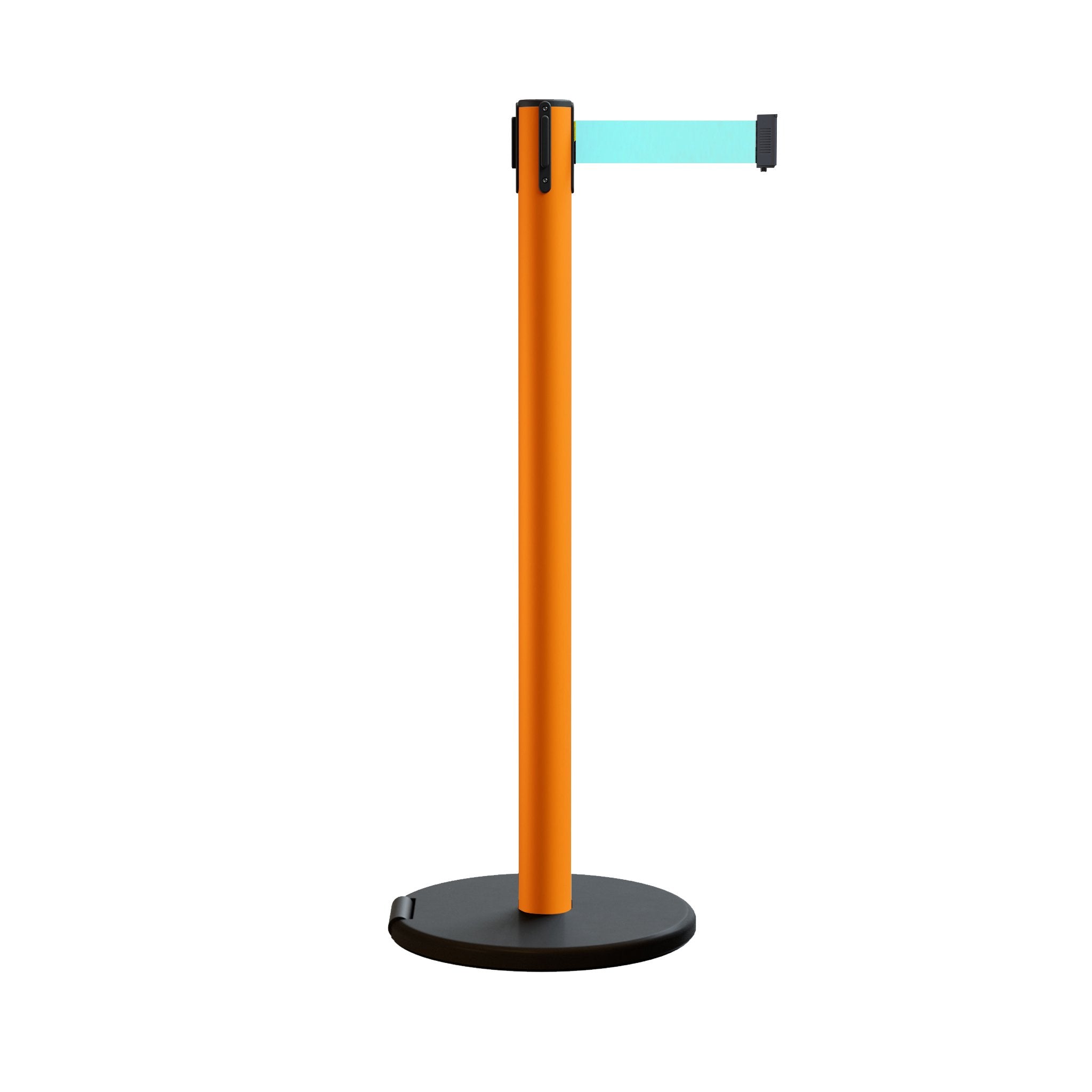 Retractable Belt Barrier Stanchion, Rolling Base, Orange Steel Post, 13 ft Belt - Montour Line MSE630 - Crowd Control Warehouse