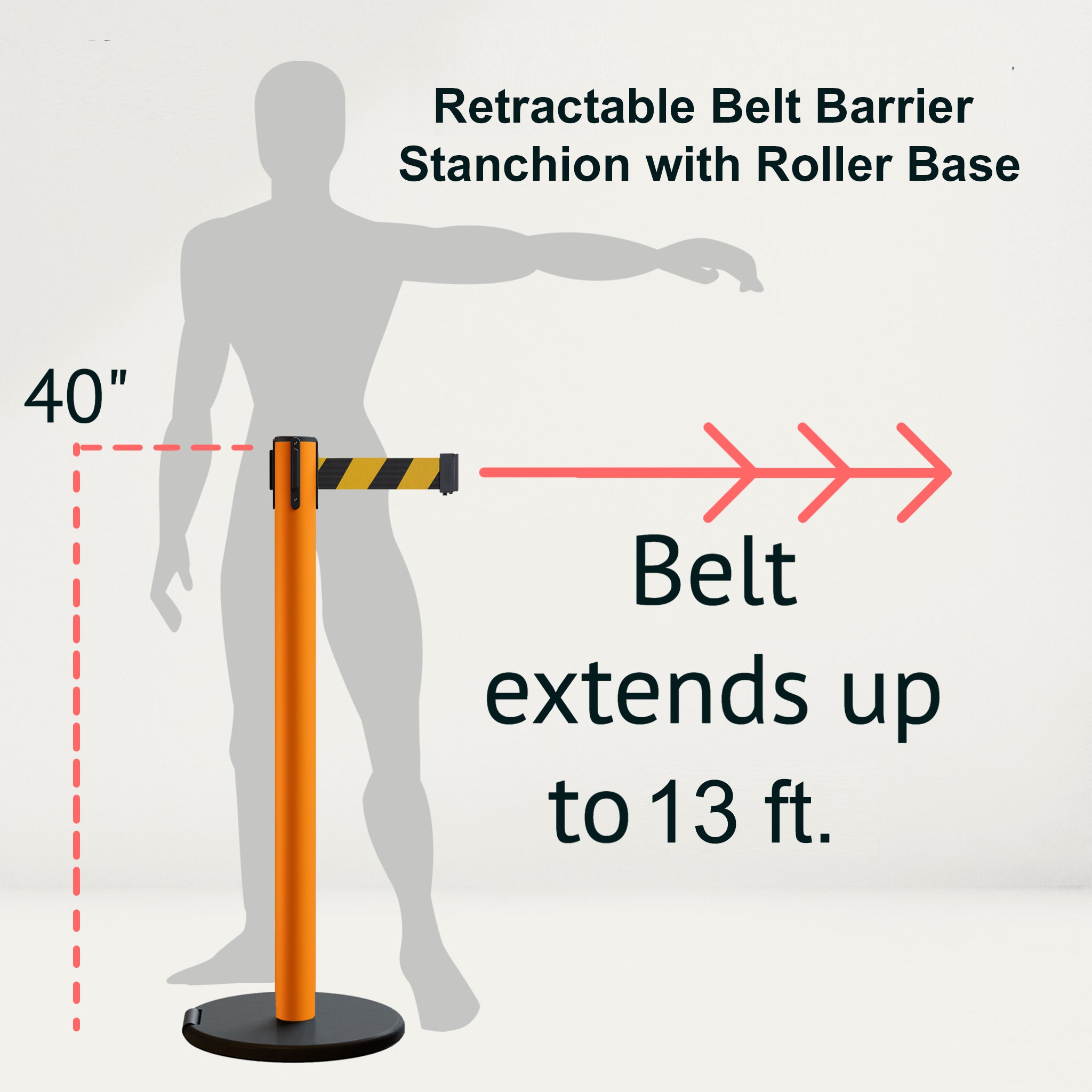 Retractable Belt Barrier Stanchion, Rolling Base, Orange Steel Post, 13 ft Belt - Montour Line MSE630 - Crowd Control Warehouse