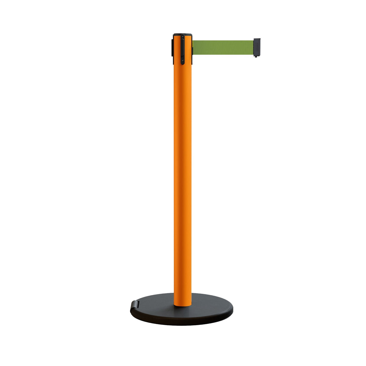 Retractable Belt Barrier Stanchion, Rolling Base, Orange Steel Post, 13 ft Belt - Montour Line MSE630 - Crowd Control Warehouse