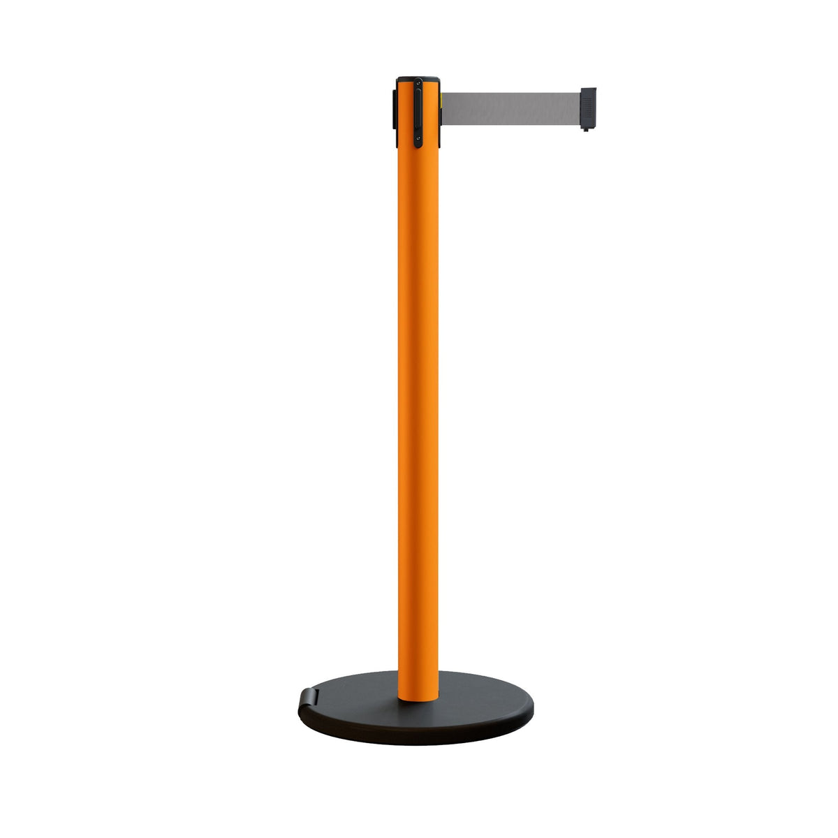Retractable Belt Barrier Stanchion, Rolling Base, Orange Steel Post, 7.5 ft Belt - Montour Line MSE630 - Crowd Control Warehouse