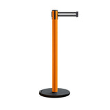 Retractable Belt Barrier Stanchion, Rolling Base, Orange Steel Post, 7.5 ft Belt - Montour Line MSE630 - Crowd Control Warehouse