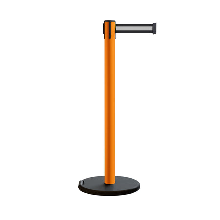 Retractable Belt Barrier Stanchion, Rolling Base, Orange Steel Post, 7.5 ft Belt - Montour Line MSE630 - Crowd Control Warehouse