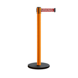 Retractable Belt Barrier Stanchion, Rolling Base, Orange Steel Post, 7.5 ft Belt - Montour Line MSE630 - Crowd Control Warehouse