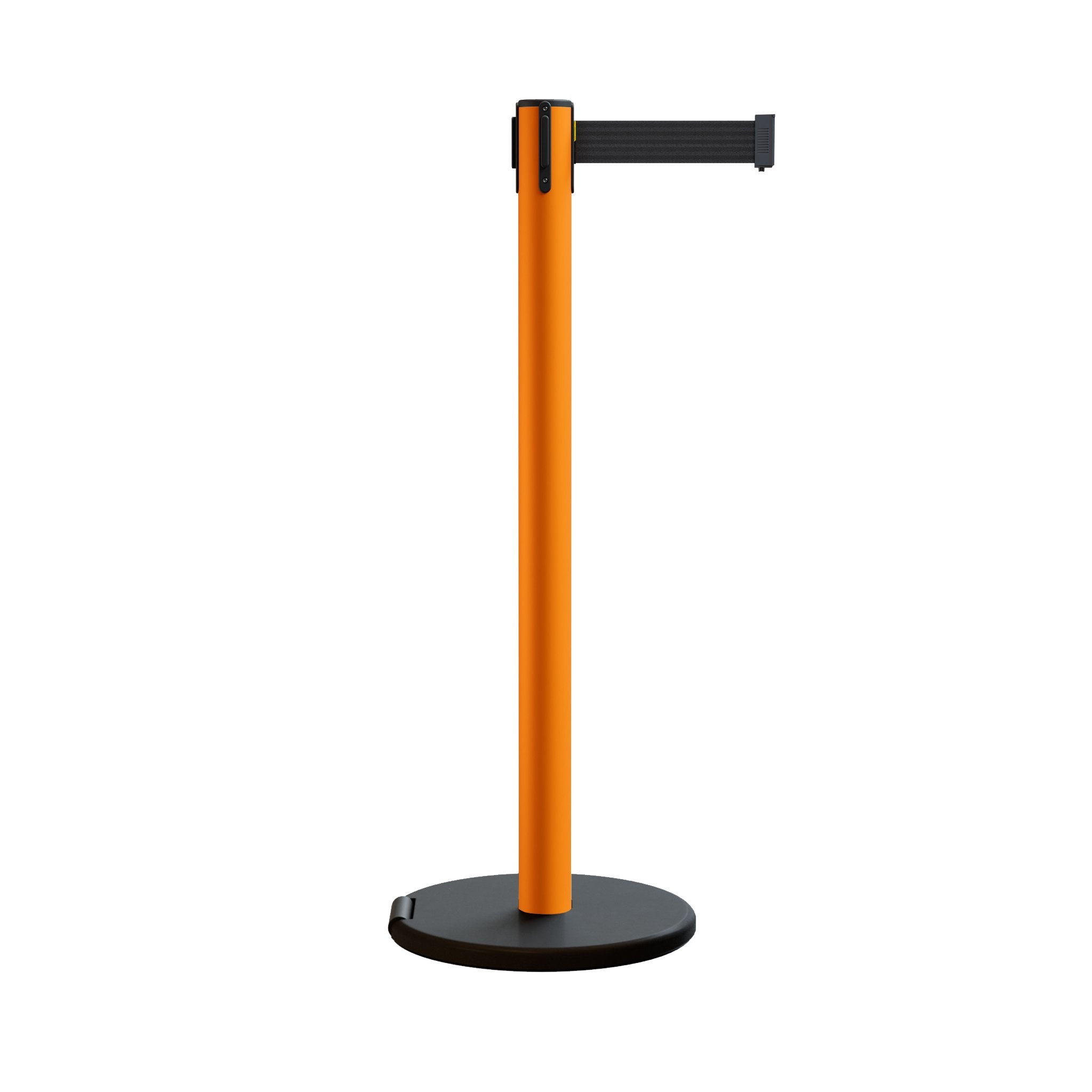 Retractable Belt Barrier Stanchion, Rolling Base, Orange Steel Post, 7.5 ft Belt - Montour Line MSE630 - Crowd Control Warehouse