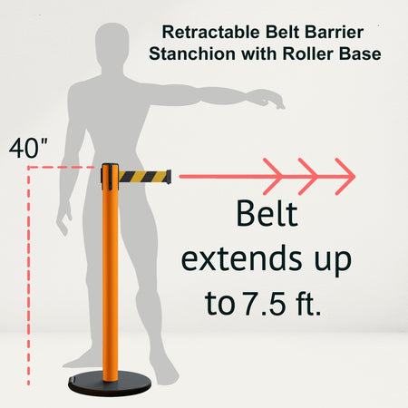 Retractable Belt Barrier Stanchion, Rolling Base, Orange Steel Post, 7.5 ft Belt - Montour Line MSE630 - Crowd Control Warehouse