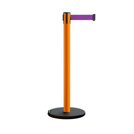 Retractable Belt Barrier Stanchion, Rolling Base, Orange Steel Post, 7.5 ft Belt - Montour Line MSE630 - Crowd Control Warehouse