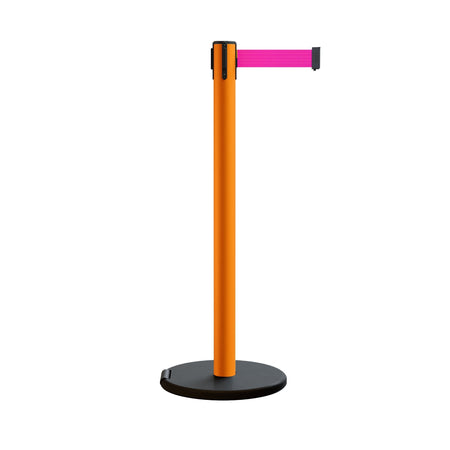 Retractable Belt Barrier Stanchion, Rolling Base, Orange Steel Post, 7.5 ft Belt - Montour Line MSE630 - Crowd Control Warehouse