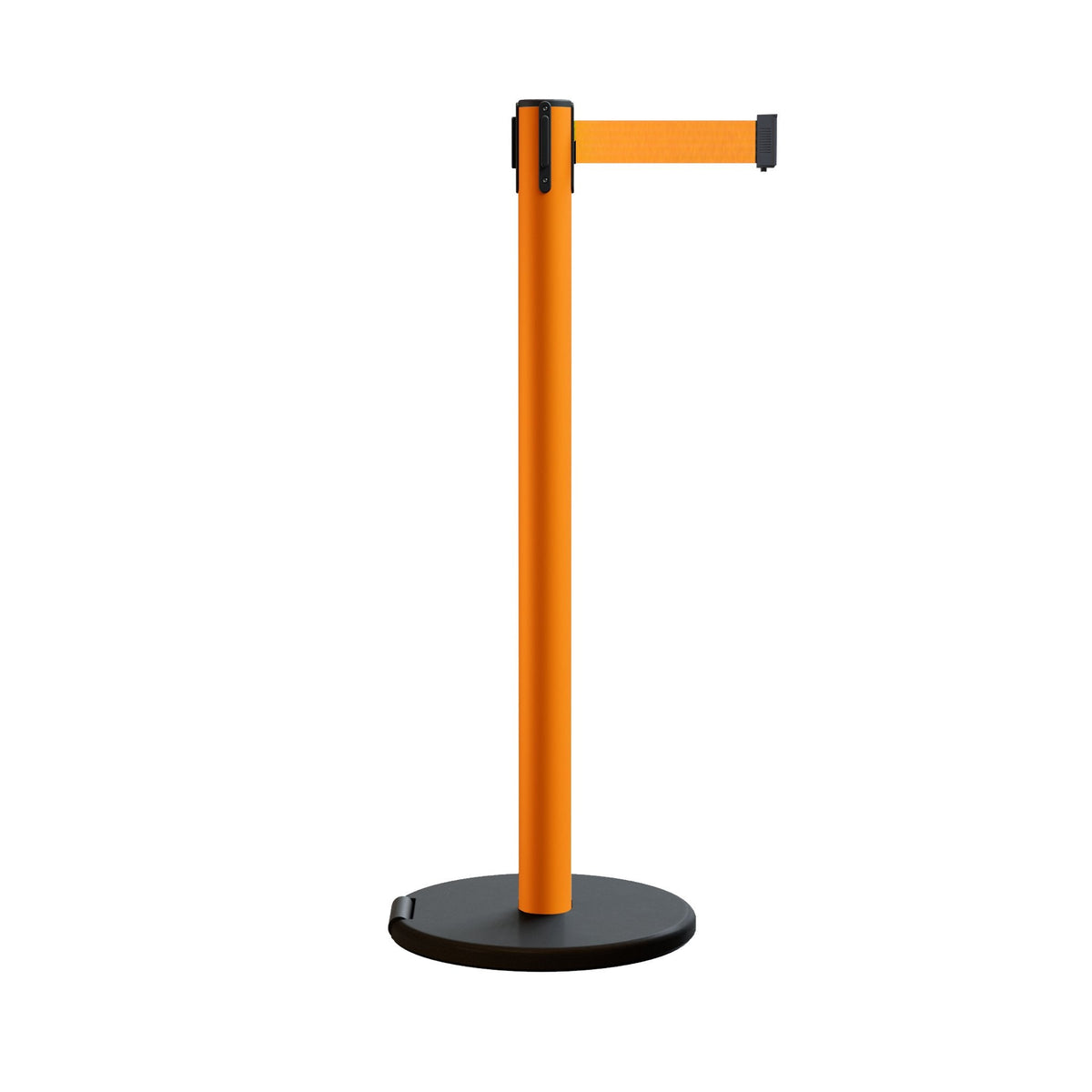 Retractable Belt Barrier Stanchion, Rolling Base, Orange Steel Post, 7.5 ft Belt - Montour Line MSE630 - Crowd Control Warehouse