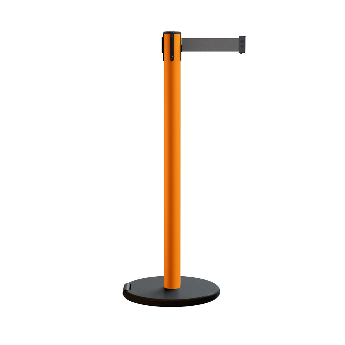 Retractable Belt Barrier Stanchion, Rolling Base, Orange Steel Post, 7.5 ft Belt - Montour Line MSE630 - Crowd Control Warehouse