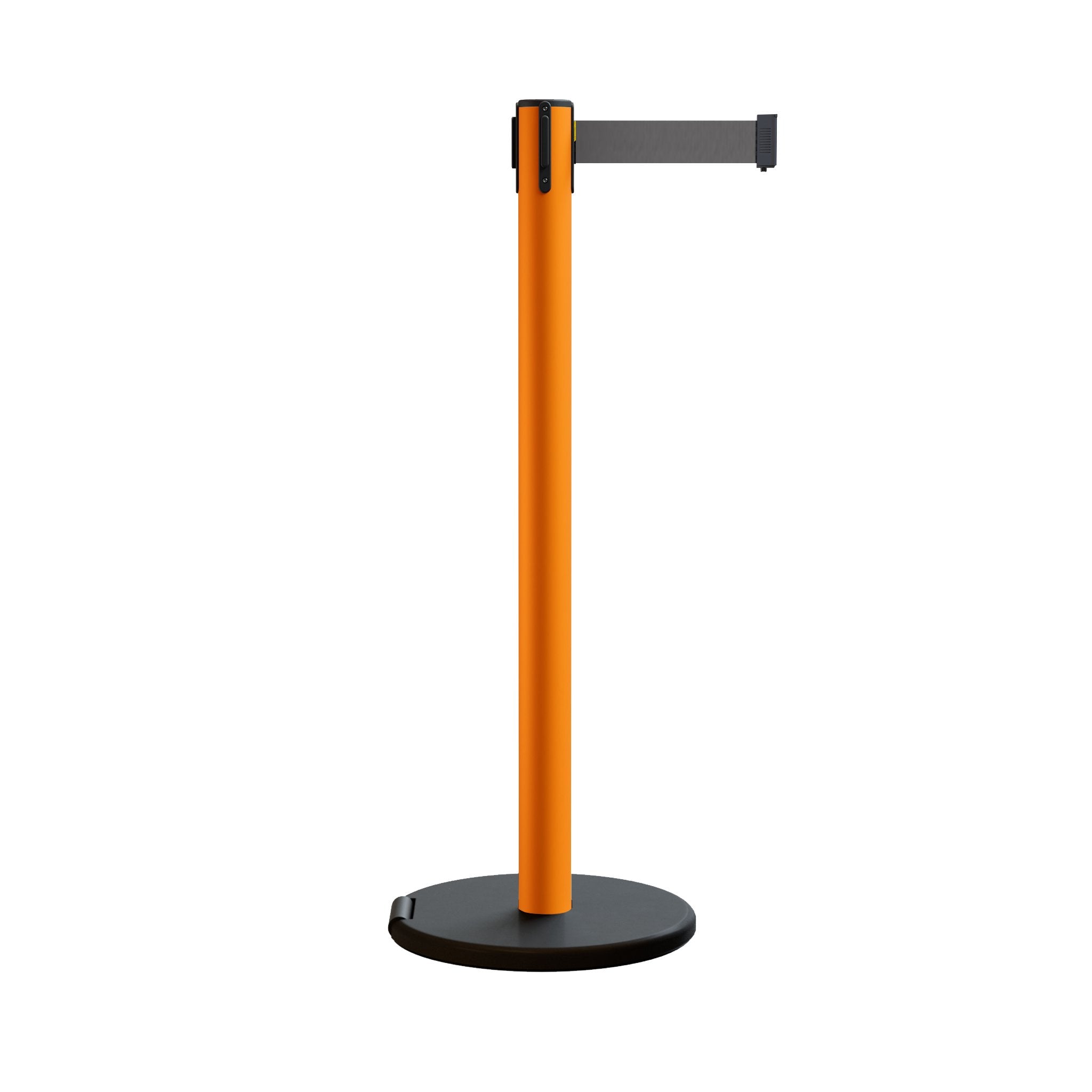 Retractable Belt Barrier Stanchion, Rolling Base, Orange Steel Post, 7.5 ft Belt - Montour Line MSE630 - Crowd Control Warehouse