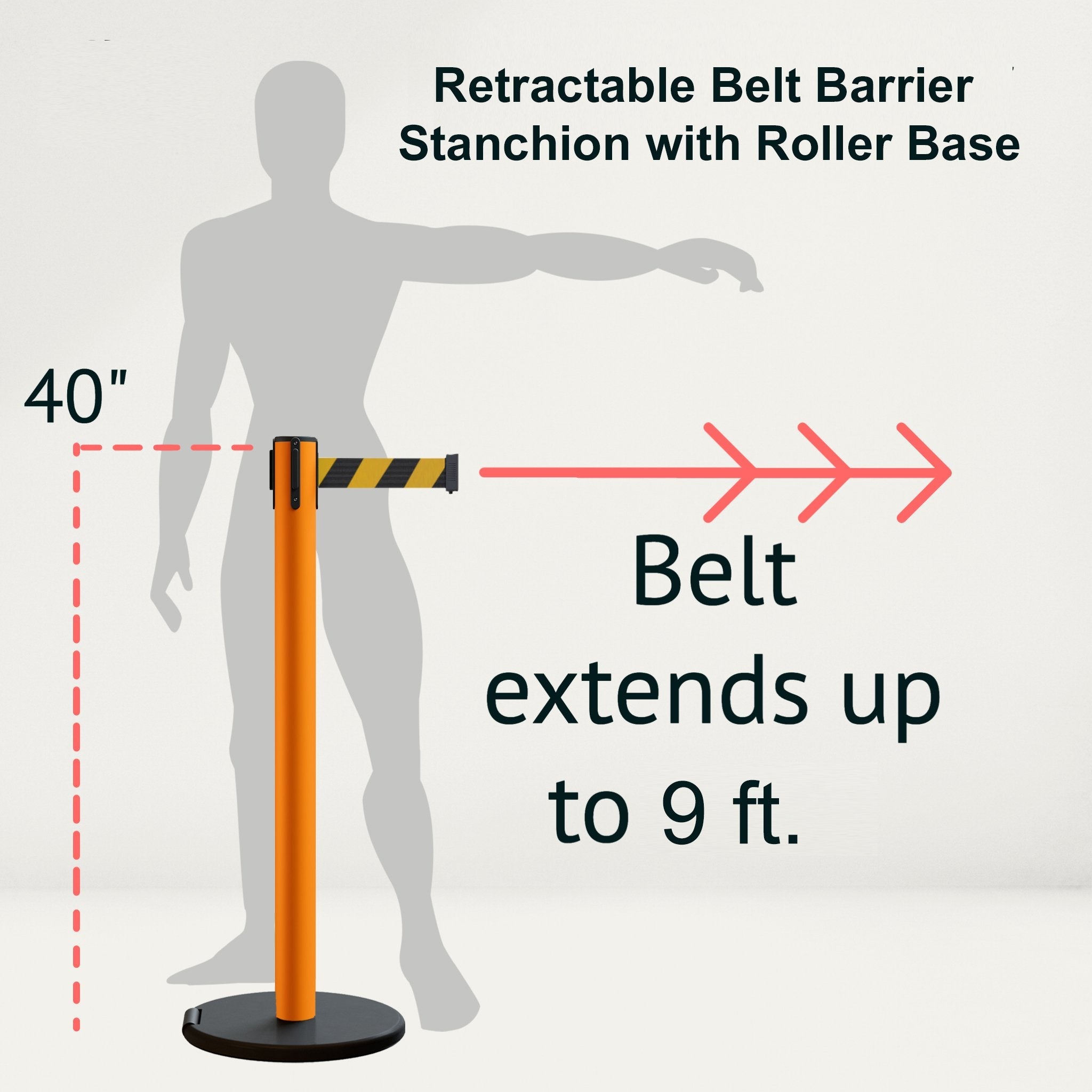 Retractable Belt Barrier Stanchion, Rolling Base, Orange Steel Post, 9 ft Belt - Montour Line MSE630 - Crowd Control Warehouse