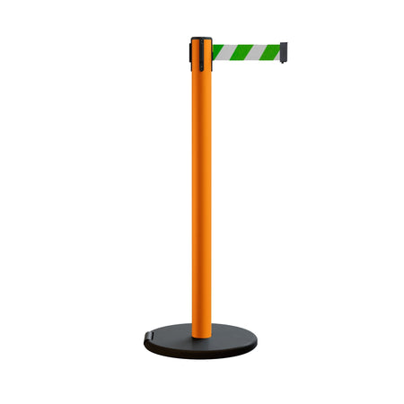 Retractable Belt Barrier Stanchion, Rolling Base, Orange Steel Post, 9 ft Belt - Montour Line MSE630 - Crowd Control Warehouse