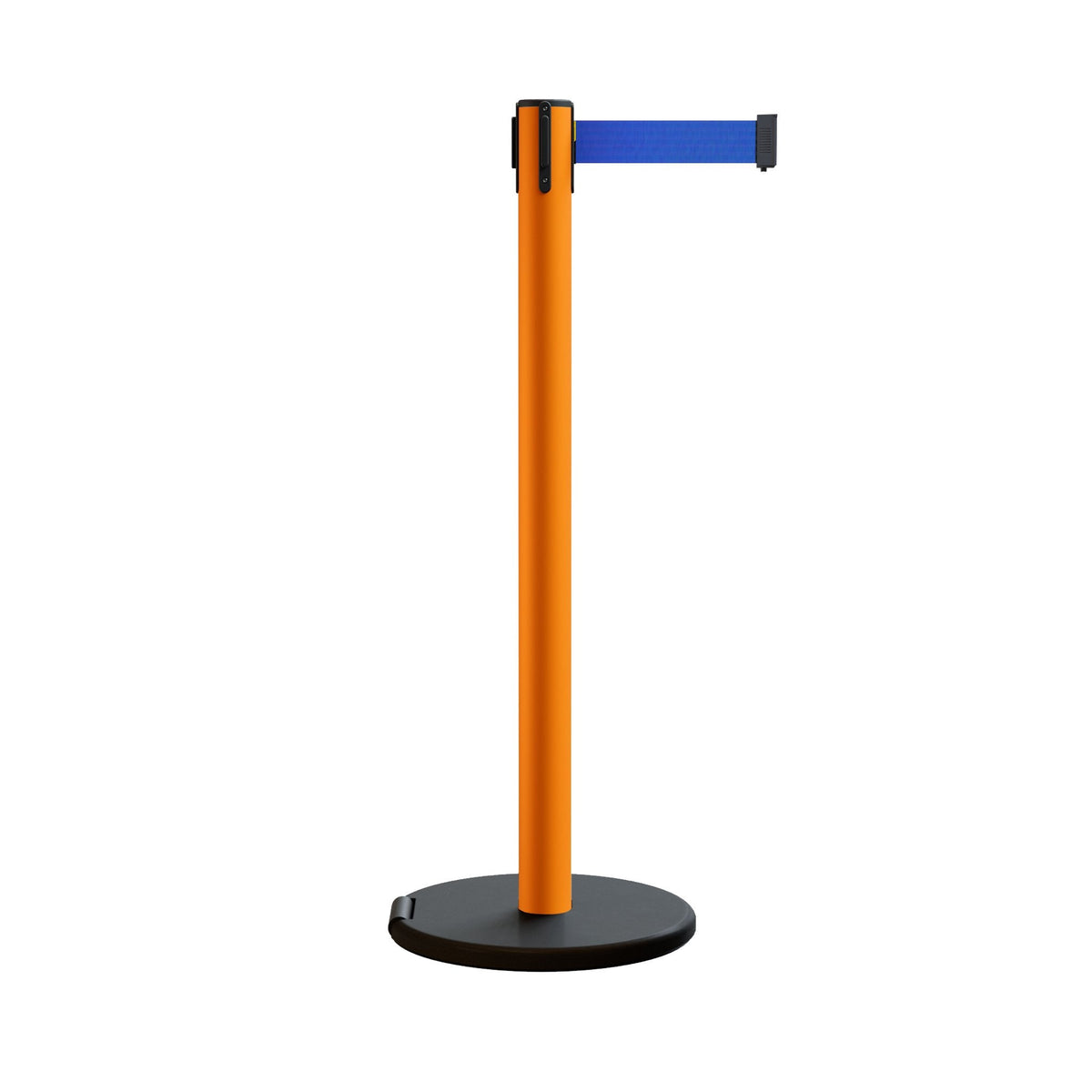 Retractable Belt Barrier Stanchion, Rolling Base, Orange Steel Post, 9 ft Belt - Montour Line MSE630 - Crowd Control Warehouse