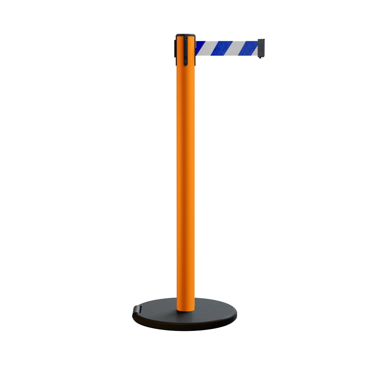 Retractable Belt Barrier Stanchion, Rolling Base, Orange Steel Post, 9 ft Belt - Montour Line MSE630 - Crowd Control Warehouse
