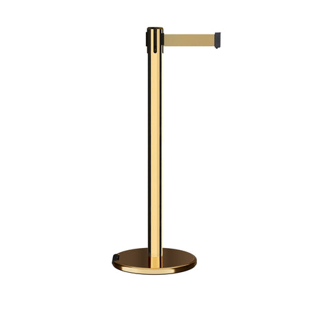 Retractable Belt Barrier Stanchion, Rolling Base, Polished Brass Post, 11 ft Belt - Montour Line ME630 - Crowd Control Warehouse