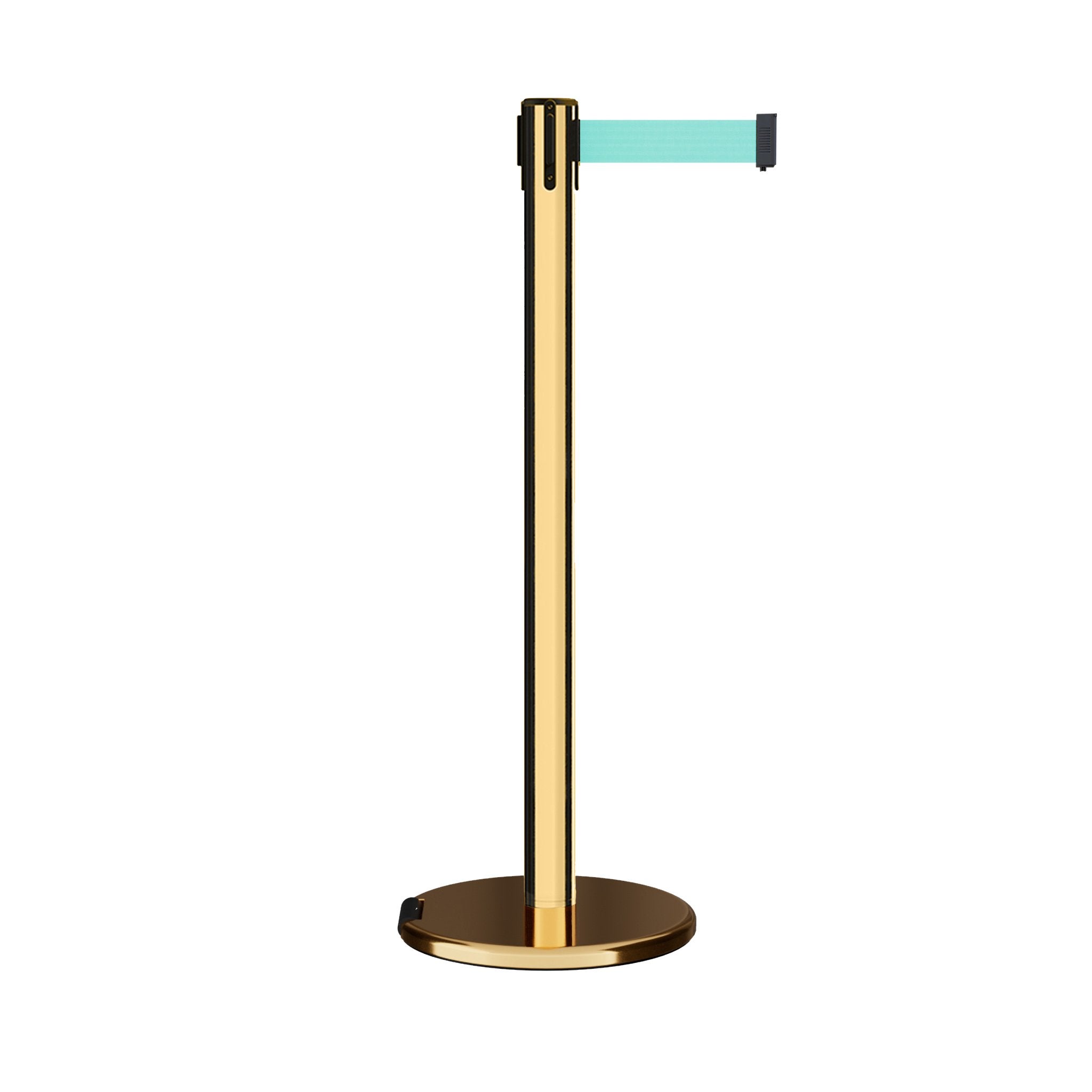 Retractable Belt Barrier Stanchion, Rolling Base, Polished Brass Post, 11 ft Belt - Montour Line ME630 - Crowd Control Warehouse