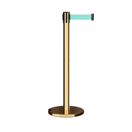 Retractable Belt Barrier Stanchion, Rolling Base, Polished Brass Post, 11 ft Belt - Montour Line ME630 - Crowd Control Warehouse