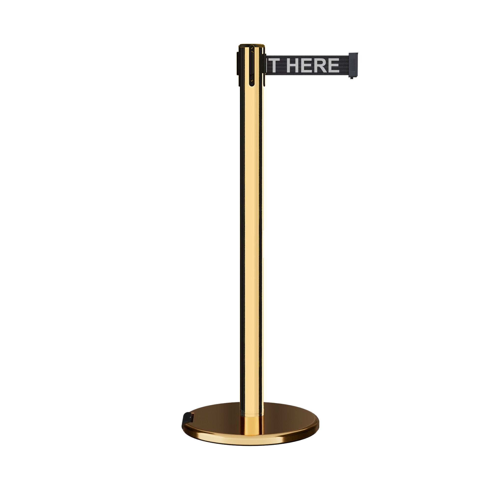 Retractable Belt Barrier Stanchion, Rolling Base, Polished Brass Post, 11 ft Belt - Montour Line ME630 - Crowd Control Warehouse