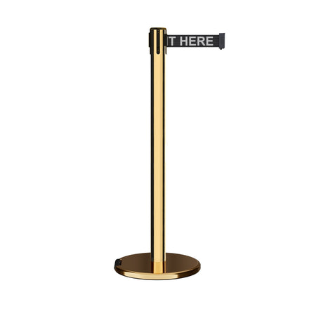 Retractable Belt Barrier Stanchion, Rolling Base, Polished Brass Post, 11 ft Belt - Montour Line ME630 - Crowd Control Warehouse