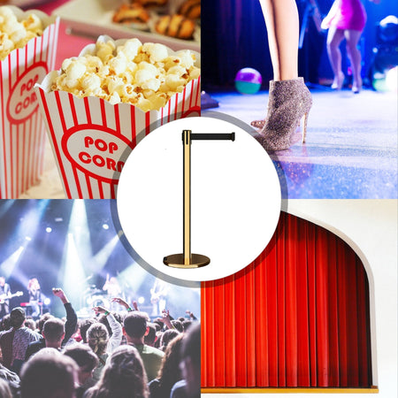 Retractable Belt Barrier Stanchion, Rolling Base, Polished Brass Post, 11 ft Belt - Montour Line ME630 - Crowd Control Warehouse