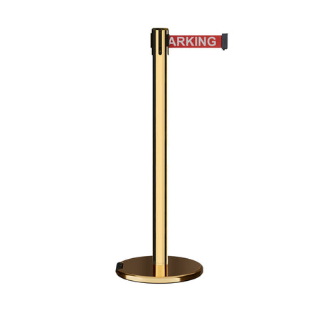 Retractable Belt Barrier Stanchion, Rolling Base, Polished Brass Post, 11 ft Belt - Montour Line ME630 - Crowd Control Warehouse