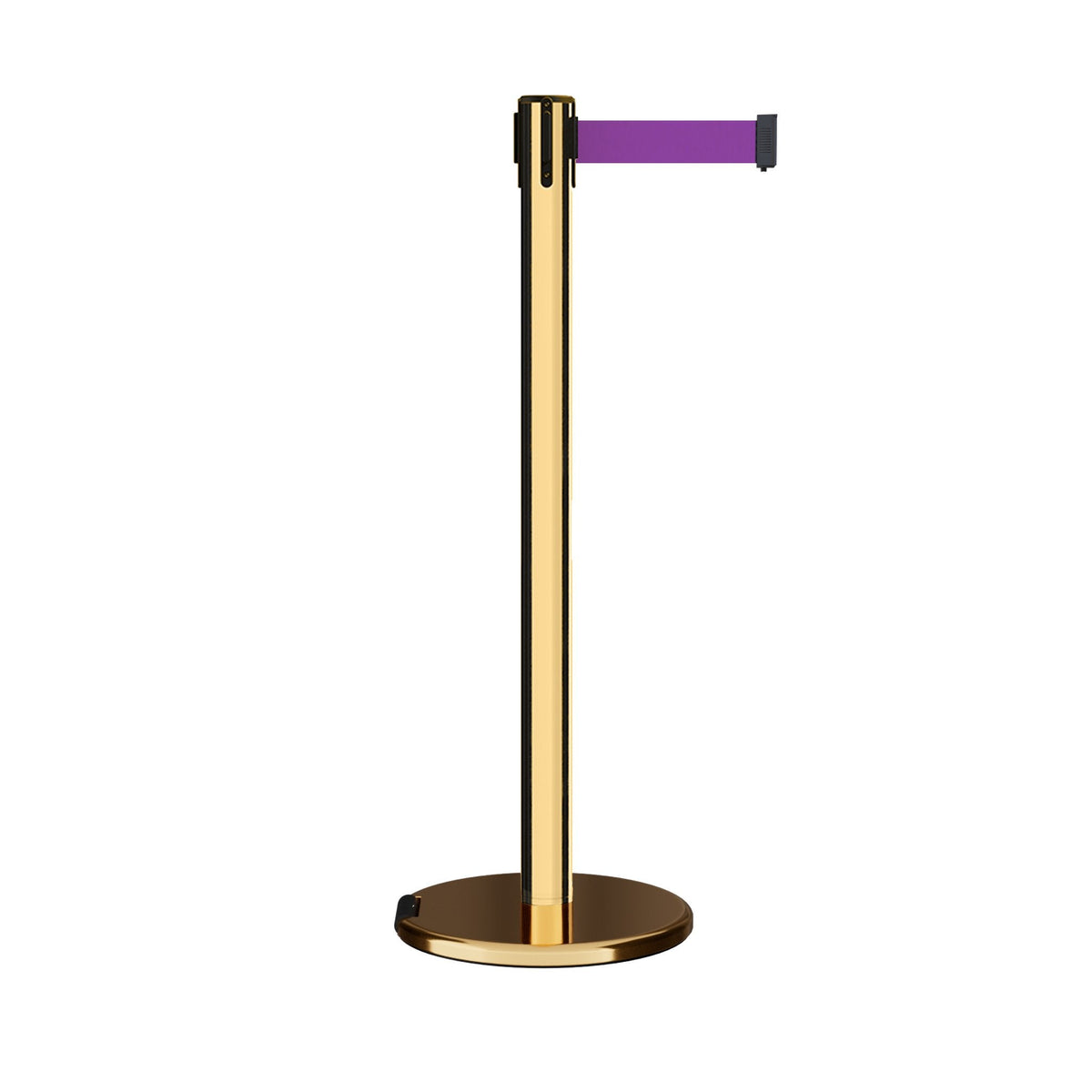 Retractable Belt Barrier Stanchion, Rolling Base, Polished Brass Post, 11 ft Belt - Montour Line ME630 - Crowd Control Warehouse