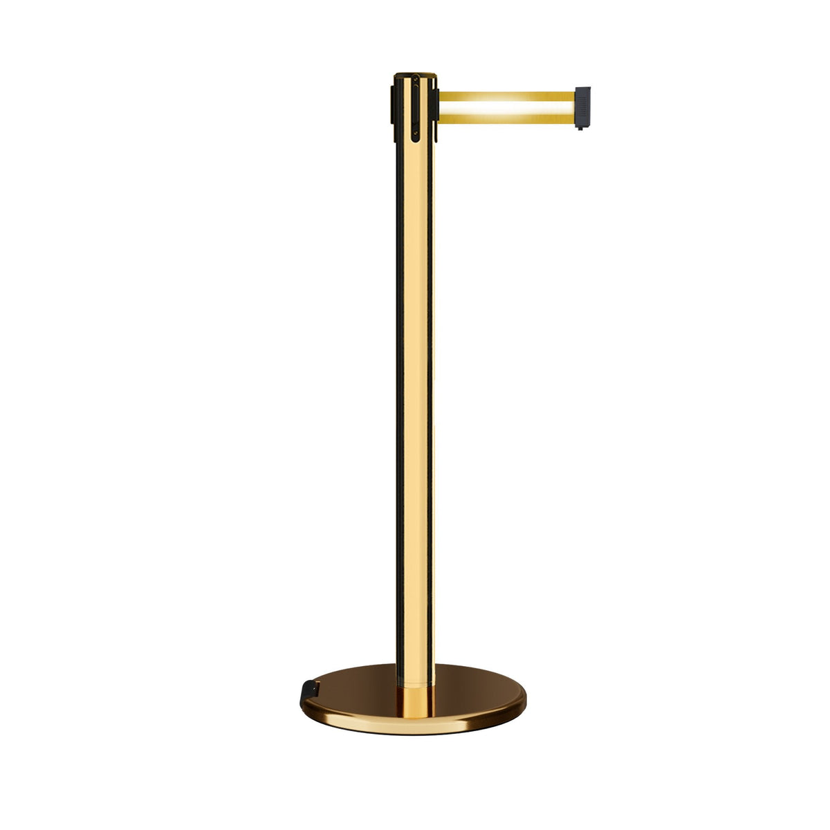 Retractable Belt Barrier Stanchion, Rolling Base, Polished Brass Post, 11 ft Belt - Montour Line ME630 - Crowd Control Warehouse
