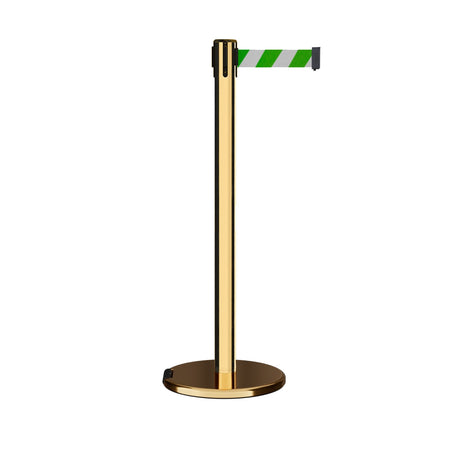 Retractable Belt Barrier Stanchion, Rolling Base, Polished Brass Post, 11 ft Belt - Montour Line ME630 - Crowd Control Warehouse