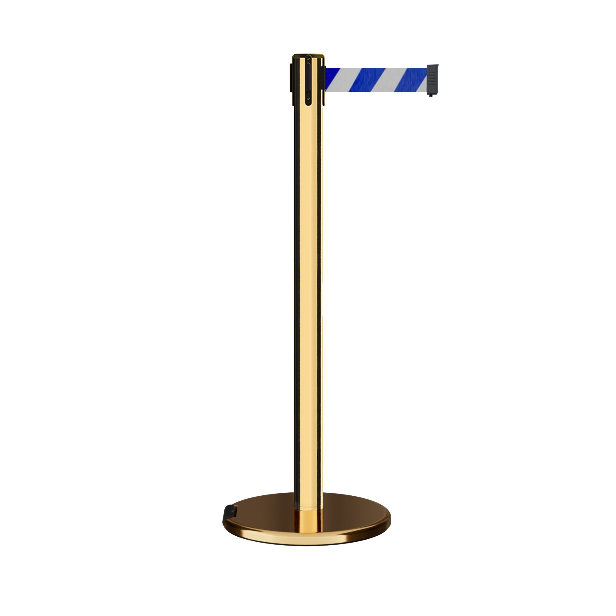 Retractable Belt Barrier Stanchion, Rolling Base, Polished Brass Post, 11 ft Belt - Montour Line ME630 - Crowd Control Warehouse