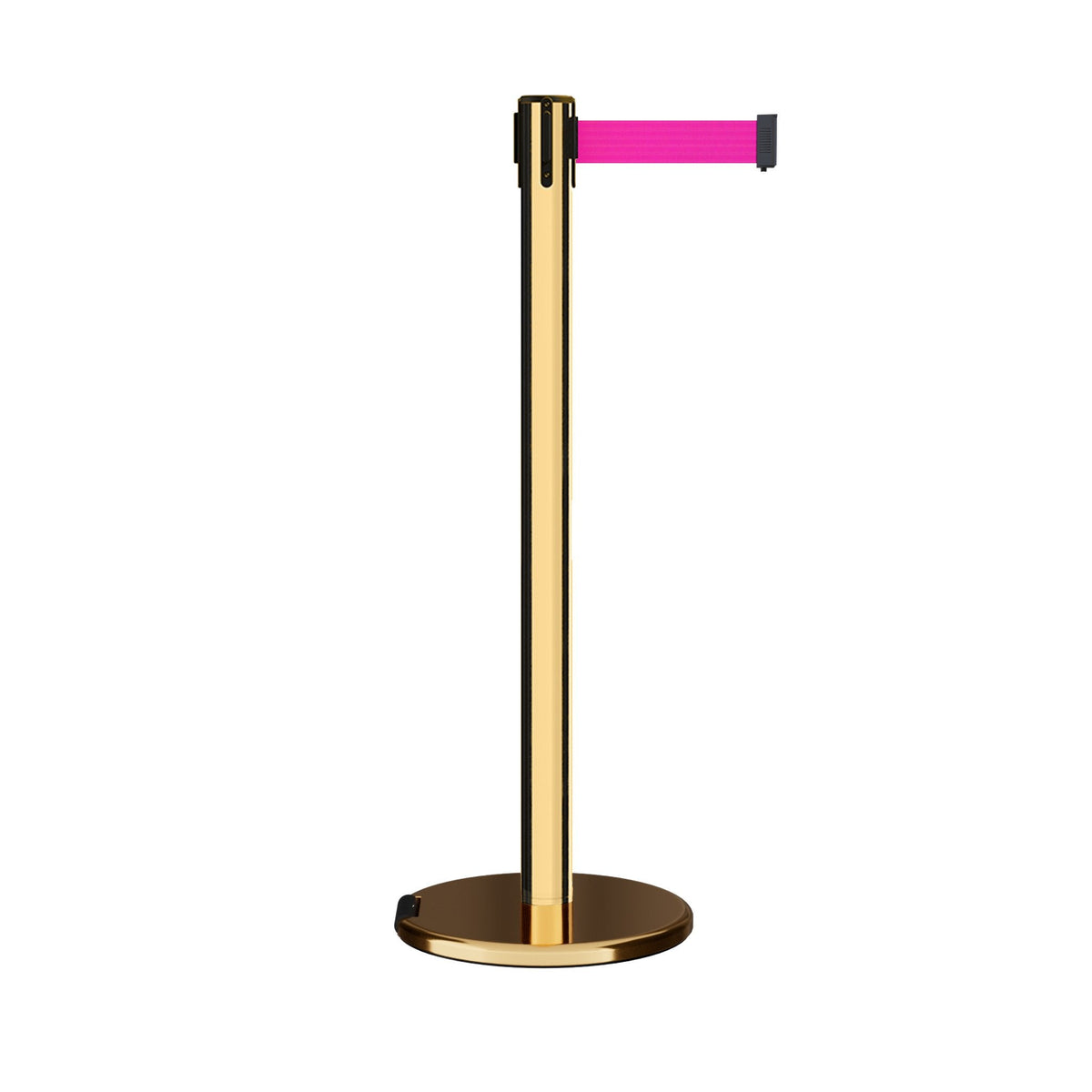 Retractable Belt Barrier Stanchion, Rolling Base, Polished Brass Post, 11 ft Belt - Montour Line ME630 - Crowd Control Warehouse