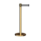 Retractable Belt Barrier Stanchion, Rolling Base, Polished Brass Post, 7.5 ft Belt - Montour Line ME630 - Crowd Control Warehouse