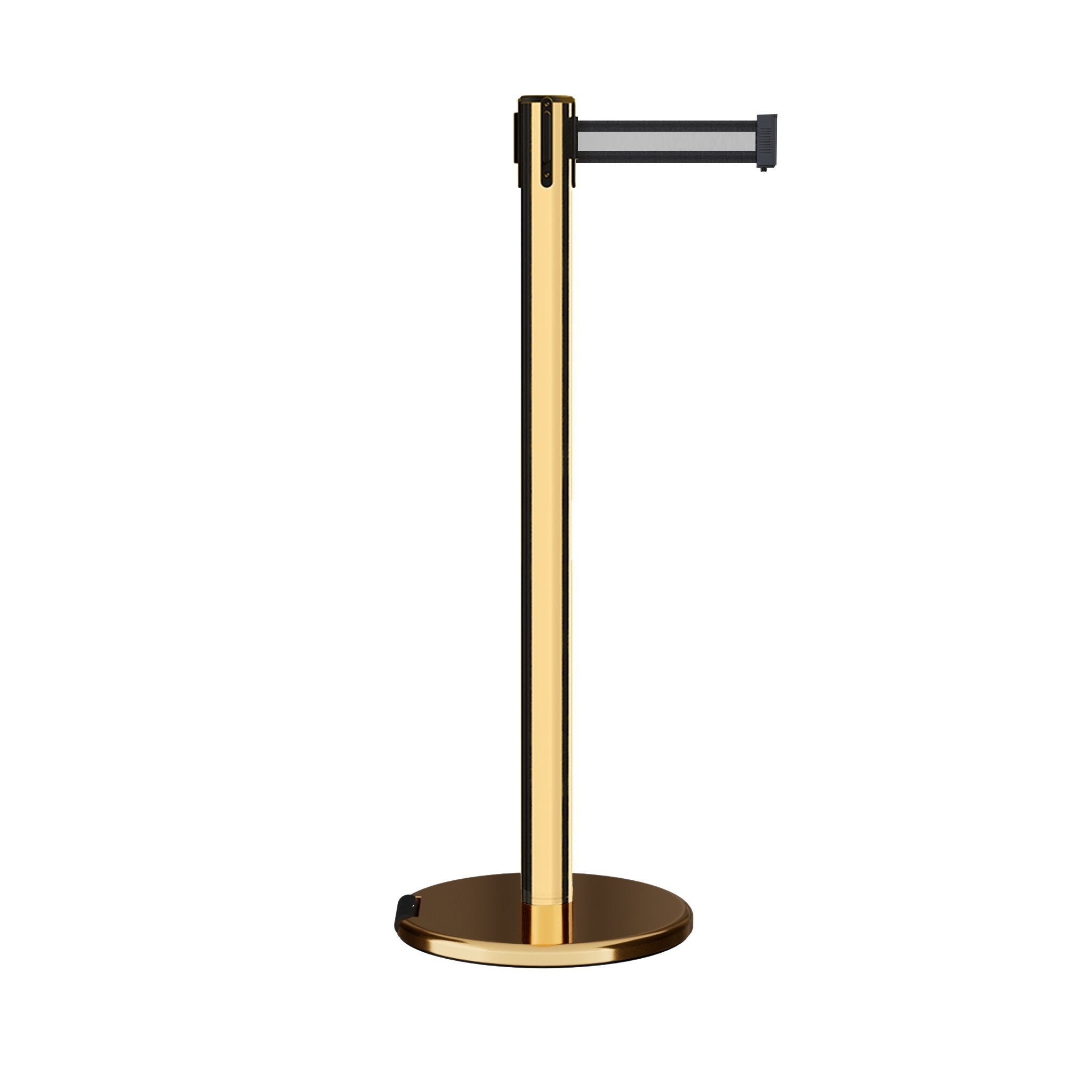 Retractable Belt Barrier Stanchion, Rolling Base, Polished Brass Post, 7.5 ft Belt - Montour Line ME630 - Crowd Control Warehouse