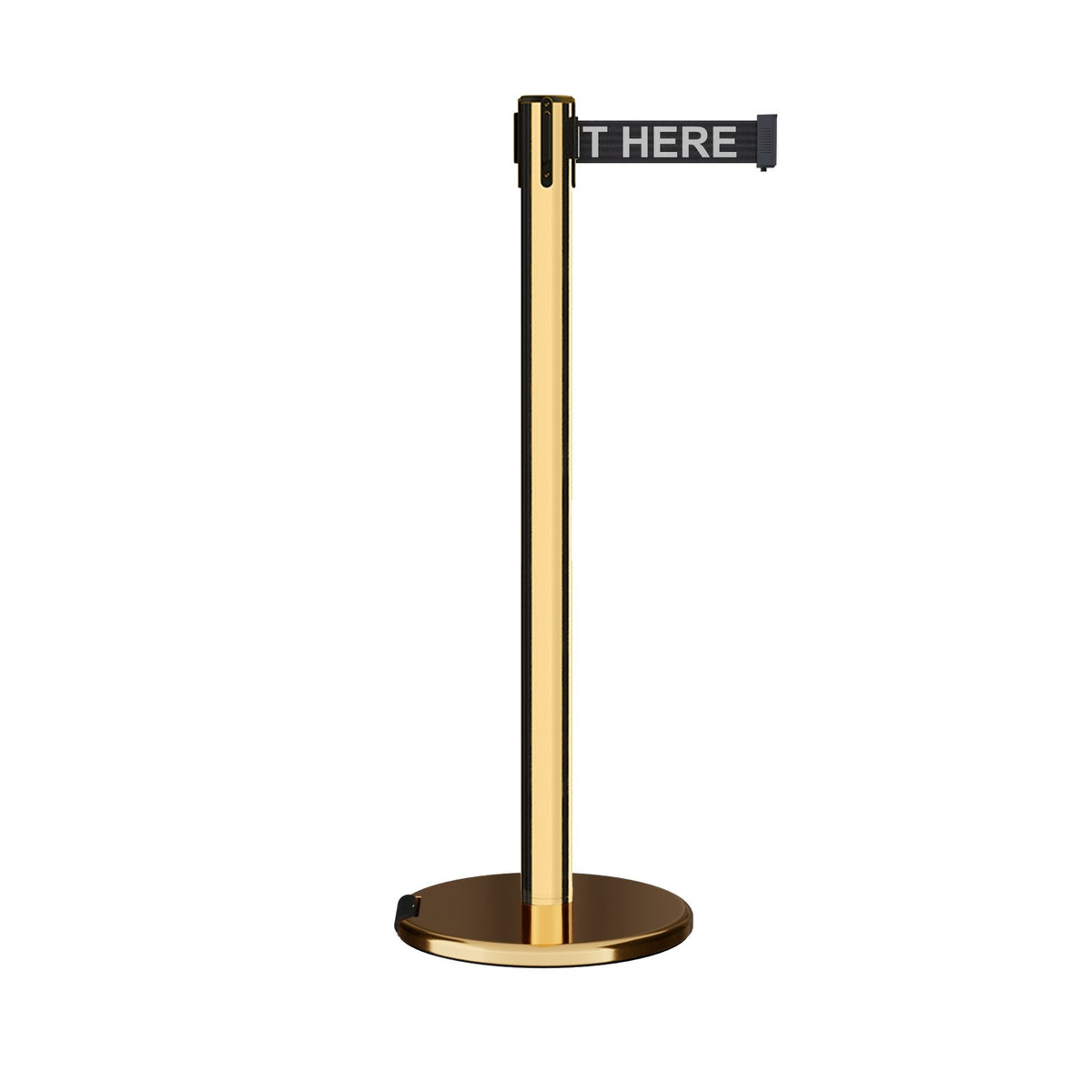 Retractable Belt Barrier Stanchion, Rolling Base, Polished Brass Post, 7.5 ft Belt - Montour Line ME630 - Crowd Control Warehouse
