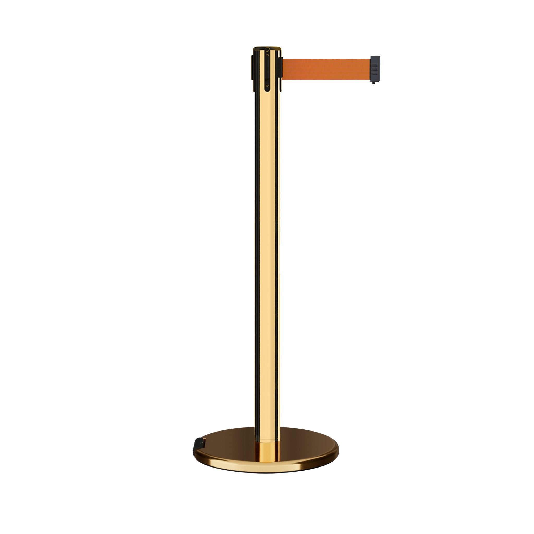 Retractable Belt Barrier Stanchion, Rolling Base, Polished Brass Post, 7.5 ft Belt - Montour Line ME630 - Crowd Control Warehouse
