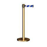 Retractable Belt Barrier Stanchion, Rolling Base, Polished Brass Post, 7.5 ft Belt - Montour Line ME630 - Crowd Control Warehouse